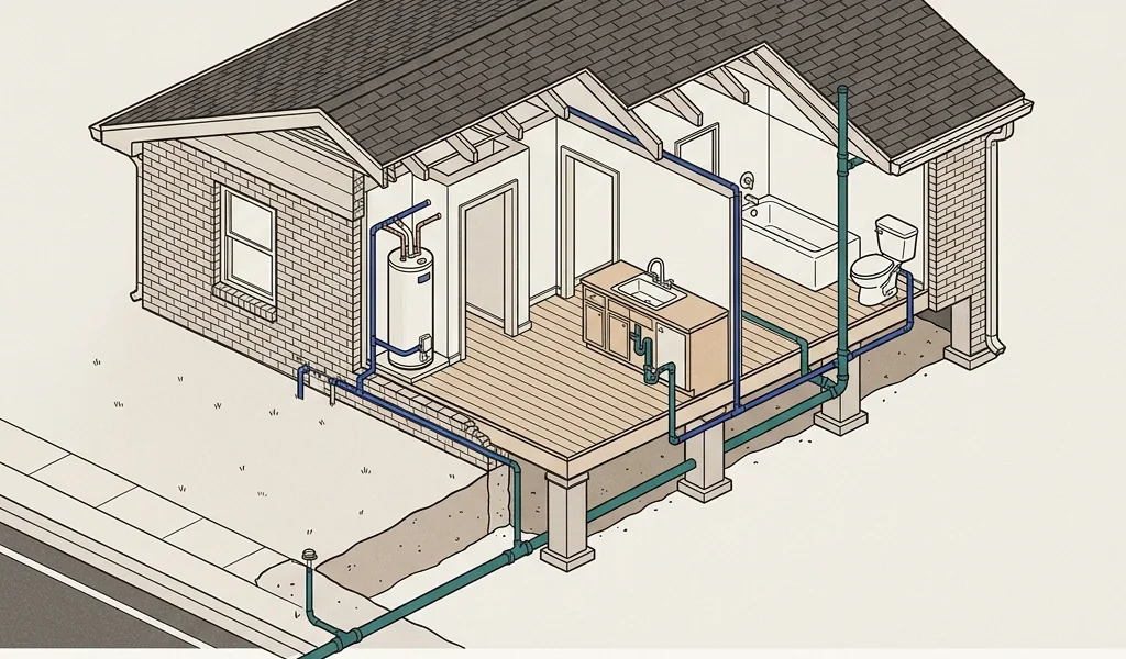 Cutaway drawing of a north Georgia brick ranch house on a crawlspace, with the water supply lines in blue, the drains in green, the water heater, and the sewer line running out to the street
