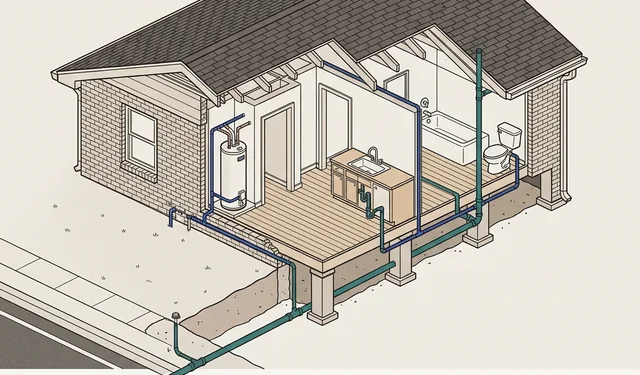 Cutaway drawing of a house showing its water heater, pipes and fixtures